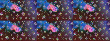 Mor ve mavi renkte çiçekler. Hediye ambalaj kağıdı, tebrik kartları, posterler ve pankart tasarımı. Raster düz çiçek çizim deseni.