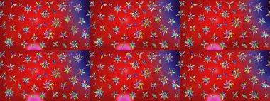 Çiçek tasarımı için inanılmaz bir kolaj cenneti tarzı. Parlak çiçekli kolaj çiçekleri kırmızı ve mor. Çiçekli zambaklar eskiz arka planı.