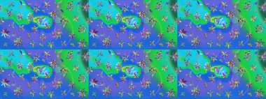 Çiçekler. Soyut etnik raster çizim kalıbı. Vadinin çiçekleri mavi ve yeşil renklerde.