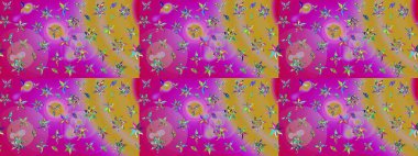 Raster illüstrasyonundaki çiçek desenli çizim. Mor ve sarı renkte çiçekler. Renkli Bahar Teması eskiz kalıbı. Düz Çiçek Elementleri Tasarımı.
