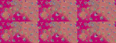 Manzaralı çiçek deseni. Çiçek kompozisyonu, el boyası, hassas şablon. Üst manzara, yumuşak pembe ve morumsu renk. Sevgililer günü ve tebrik kartı konsepti için şık bir davet.