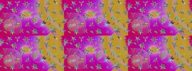 Çiçek desenli eskiz. Mor ve sarı renkte çiçekler. Renkli Bahar Teması eskiz kalıbı. Düz Çiçek Elementleri Tasarım Raster illüstrasyonu.