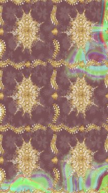 Kraliyet lüksü, altın barok kumaş rengi eskiz. Raster eskiz deseni altın antika ortaçağ dekoratifi, yapraklar ve altın desenli süslemeler tarafsız renklerde..