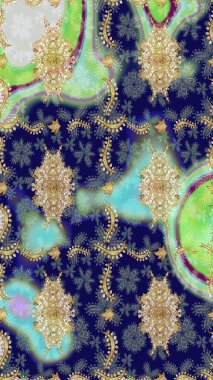 Klasik Raster Golden eskiz kalıbı. Çiçek süsü kumaş deseni, cam, altın elementlerle mavi renklerde çiçek desenli metal..