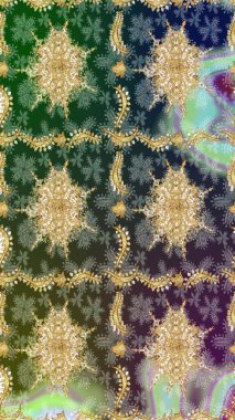 Geleneksel oryantasyon süsü. Klasik Raster altın desenini çiz. Altın elementlerle yeşil renklerde altın desen. Klasik vintage arkaplan.