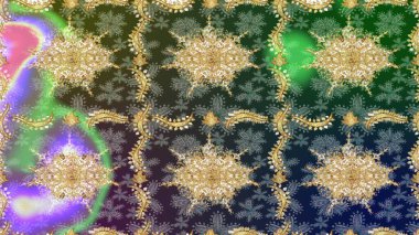 Yeşil renkler ve altın elementler üzerine çizim. Raster illüstrasyonu. Geleneksel oryantasyon süsü. Klasik klasik klasik arka plan. Klasik Raster altın desenini çiz.