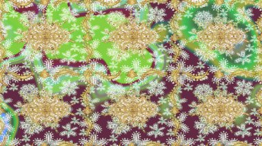 Çiçek kiremitleri. Eskiz desenli oryantal süs. İslam tasarımı. Altın elementlerle nötr renklerde altın desen. Raster altın tekstil baskısı.