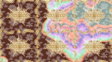 Raster eskiz deseni altın antika ortaçağ dekoratifi yapraklar ve altın desenli süslemeler ile tarafsız renklerde. Kraliyet lüksü, altın barok kumaş rengi..