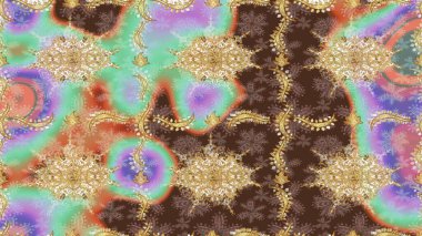 Raster illüstrasyonu. Kahverengi renkli ve altın elementli klasik eskiz deseni.