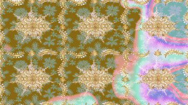 Tarafsız renklerde altın. Raster illüstrasyonu. Ortaçağ çiçek desenini çiz. Doğum günü kartı, davetiye ya da afiş için iyidir. Dekoratif simetri arabesk.