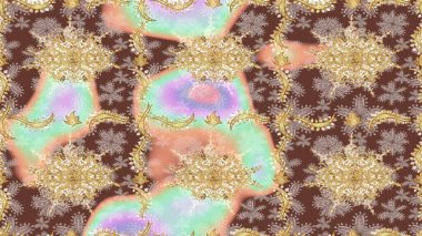 Antika altın tekrarlanabilir duvar kağıdı. Damask çizim kalıbı arka planı tekrarlıyor. Bej renklerde altın element. Barok tarzında altın çiçek süsü..