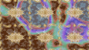 Raster sanatı. Kahverengi renkli ve altın elementli eskiz deseni. Doğu tarzı arabesk. Parlak dantel, stilize çiçekler, şal desenli. Hassas altın deseni açın. Altın desenli bukleler çiz