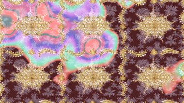 Doğu tarzı arabesk. Parlak dantel, stilize çiçekler, şal desenli. Raster sanatı. Kahverengi renkli ve altın elementli eskiz deseni. Hassas altın deseni açın. Altın desenli bukleler çiz
