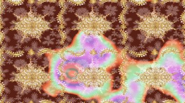 2019 Noel 'i, kar tanesi, yeni yıl. Kahverengi renkli ve altın elementli klasik eskiz deseni.