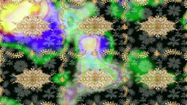 Skeç raster arka planı. Çiçek desenli çizim. Duvar kâğıdı barok, İspanyol kumaşı. Yeşil renkler üzerine grafiksel modern çizim deseni.