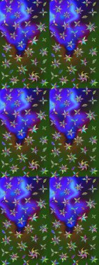 Suluboya elle çizilmiş çiçek desenli eskiz deseni. Parlak renkli fantezi çiçekleri, yapraklar, yeşil ve mor renkli tomurcuklar yeşil ve mor.