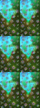 Parlak çiçekli yeşil ve mavi renkler üzerine soyut çizim deseni. Çiçeksel elementlerle süslenmiş zarif raster dokusu. Küçük çiçekte şirin bir çiçek deseni var..