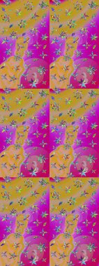 Soyut etnik raster çizim kalıbı. Kabile sanatı boho baskısı, klasik çiçek arkaplanı. Arkaplan dokusu, duvar kağıdı, sarı ve mor renkli çiçek teması.