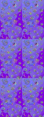 Çiçekli karalama şeklinde Raster çiçek deseni. Nazik, sevimli çiçek arkaplanı. Mor ve mavi renkte çiçekler.