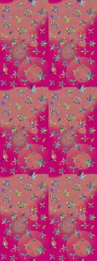 Çiçekli karalama şeklinde Raster çiçek deseni. Nazik, sevimli çiçek arkaplanı. Pembe ve morumsu renkte çiçekler.