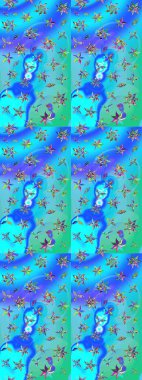 Klasik çiçek tasarımı elementleri. Mavi ve yeşil kıvırcık çiçekler mavi ve yeşil renklerde şekillenir. Raster illüstrasyonu.