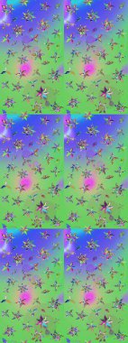 Varicologreen ve Violet Raster çizimi. Bir sürü yeşil ve mor soyut çiçekli tropik eskiz deseni. Küçük çiçekte sevimli çiçek deseni var..