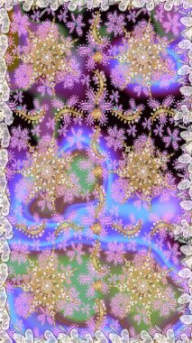 Damask arkaplanı. Tarafsız ve mor renklerde altın bir element. Barok tarzında altın çiçekli süs. Altın çiçekli, pürüzsüz desen.