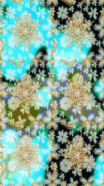 Raster illüstrasyonu. Tarafsız ve mavi renklerde, altın elementlerle klasik, pürüzsüz desen.