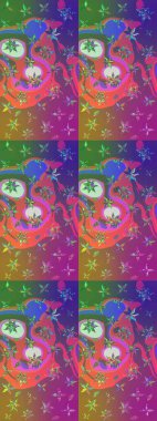 Suluboya, elle çizilmiş. Raster hisseleri. Mor ve mor üzerine çiçekler. Taslak arkaplan deseni.