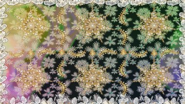 Dekoratif simetri arabesk. Doğum günü kartı, davetiye ya da afiş için iyidir. Gri ve nötr renklerde altın. Raster illüstrasyonu. Kusursuz ortaçağ çiçek desenleri..