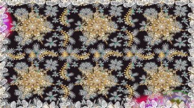 Kusursuz raster arka plan. Gri ve nötr renklerde altın elementler. Şık bir grafik desen. Duvar kâğıdı barok, İspanyol kumaşı. Çiçek deseni.