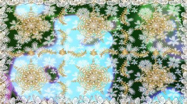 Dekoratif simetri arabesk. Kusursuz ortaçağ çiçek deseni. Doğum günü kartı, davetiye ya da afiş için iyidir. Raster illüstrasyonu. Tarafsız ve mavi renklerde altın.