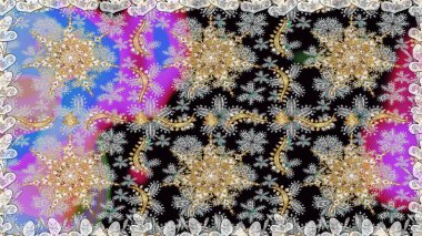 Çiçek kiremitleri. Gri ve nötr renklerde altın desenler ve altın elementler. İslam tasarımı. Raster altın tekstil baskısı. Kusursuz desenli oryantal süs.