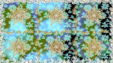 Duvar kâğıdı için altın süslü bir illüstrasyon. Çiçekli süslemeli, pürüzsüz bir desen. Süslü dantel iz sürücü. Geleneksel Arap dekoru mavi renklerde. Doğu tarzında vintage tasarım ögesi.