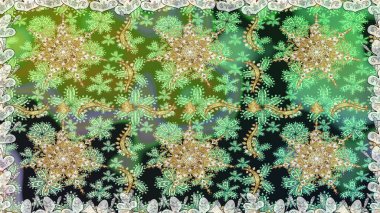 Damask pürüzsüz süsü. Klasik oryantal desen yeşil ve nötr renklerden üstündür. Geleneksel raster ve altın desen.