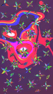 Küçük çiçekteki sevimli çiçek deseni. Bir sürü mor ve pembe soyut çiçekli tropik eskiz deseni. Varicolopurple ve pembe raster çizimi.