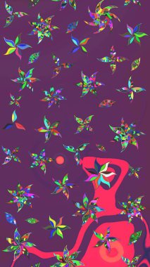 Mor ve pembe renkli çok renkli ve pembe zarif çiçekler ve komik böcekler, raster desen, illüstrasyon.