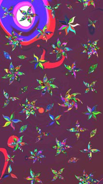 Patlayan çiçekler soyut olarak yerleştirilmiş. Raster deseni. Yumuşak, bahar çiçekleri kahverengi ve mor renklerde. Raster illüstrasyonu.