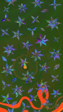 Yeşil ve mavi renkli etnik çiçekli zarif eskiz deseni. Raster Çiçek İllüstrasyon Şirin Tekstil.