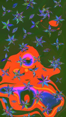 Raster illüstrasyonundaki çiçek desenli çizim. Yeşil ve turuncu renkte çiçekler.