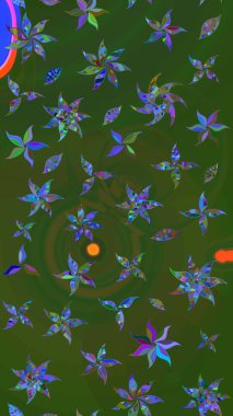 Renkli desenli eskiz deseni, yeşil ve mavi çiçekler ve dekoratif elementler. Eskiz geçmişi. Raster illüstrasyonu. Kumaş, tekstil, duvar kağıdı baskısı için. Antika retro tarzı.