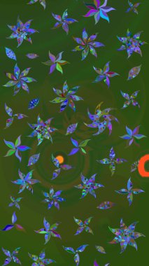 Çiçek desenli çizim. Raster illüstrasyonu. Asya tekstil tarzında. Yeşil ve mavi renkte çiçekler. Raster illüstrasyonu.