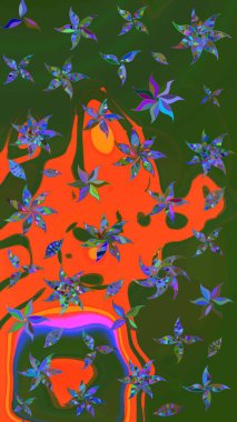 Sabıka fotoğraflarında, bebek kıyafetlerinde, duvar kâğıtlarında, paket kutularında falan kullanılabilir. Raster. Zarif, parlak ve eskiz yeşil ve turuncu çiçek desenli.