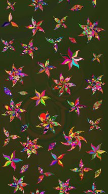 Raster - stok. Yapraklı çiçekler ve yeşil ve gri renkli papatya çiçekleri. Taslak arkaplan deseni.