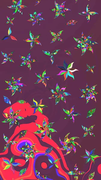 Çiçekli ipek eşarp. El çizimi çiçek unsurları olan soyut çizim raster deseni. 1950-1960 motifleri. Retro tekstil tasarım koleksiyonu. Kahverengi ve mor üzerine kahverengi ve mor.