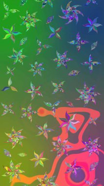 Yeşil ve mavi renkte çiçekler. Çiçek süslemeli çizim deseni. Raster illüstrasyonu.