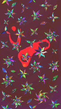 Raster illüstrasyonundaki çiçek desenli çizim. Düz Çiçek Elementleri Tasarımı. Renkli Bahar Teması eskiz kalıbı. Kahverengi ve yeşil renkte çiçekler.