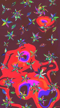 Kahverengi ve kırmızı renklerde bahar çiçekleri. Raster illüstrasyonu. Yaprak ve çiçeklerin suluboya resmi, kahverengi ve kırmızı renklerin çizim şekli.