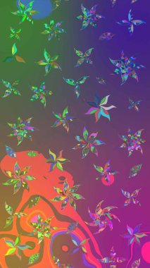 Mor ve yeşil renkli çiçekler. Raster illüstrasyonu. Küçük çiçekte sevimli çiçek deseni var..