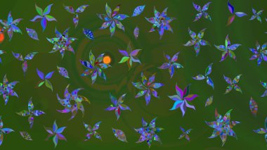 3D çiçekler, eskiz. Raster illüstrasyonu. Yeşil ve mavi renklerde.